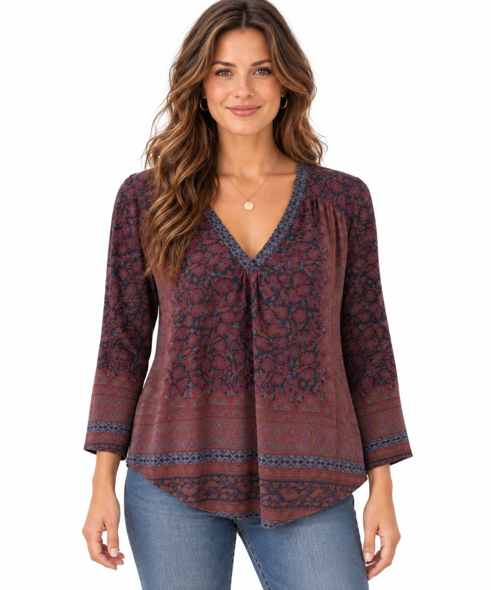 Lucky Brand Floral Mixed Print Top Womens Medium Muted Blue Burgundy V-Neck Tee